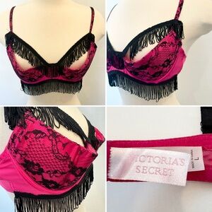 Y2K Victoria’s Secret Silk Stretch Hot Pink Black Fringe Lace Sexy Demi Bra L